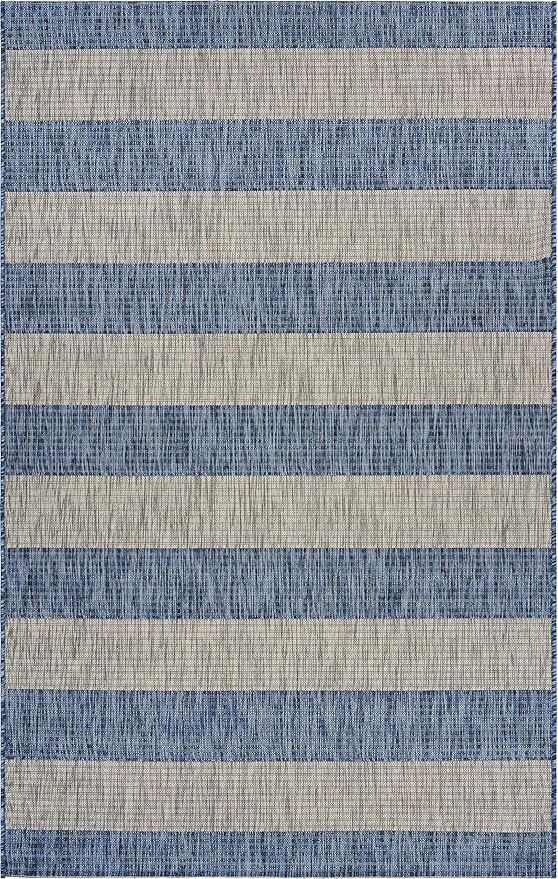 LR Home 8 x 10 Indoor / Outdoor Area Rug for Home Decor | Coastal Striped large size carpet for living room, bedroom, playroom, patio, garden | Modern farmhouse rug | Navy / Gray