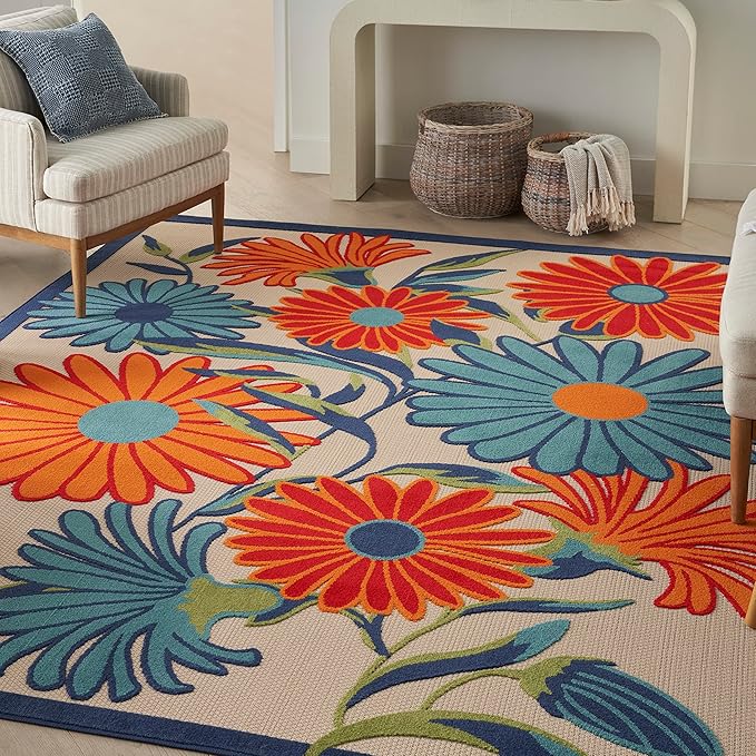 Nourison Aloha Indoor/Outdoor Multicolor 7' x 10' Area Rug, Easy Cleaning, Non Shedding, Bed Room, Living Room, Dining Room, Kitchen (7x10)