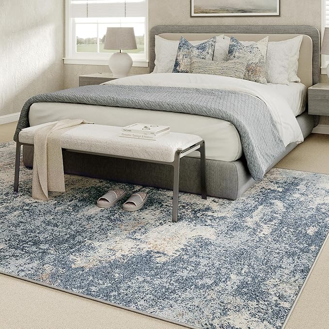 Washable Abstract Dark Blue 5x7 Area Rug - Non Slip Low Pile Carpet for Bedroom, Living, Dining, Kitchen, Laundry & Offices