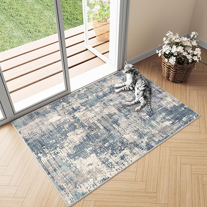 2x3 Entryway Rug Machine Washable Area Rug Small Blue/Grey Rugs Entrance Door Mat Indoor Rug Abstract Low Pile Carpet Kitchen Bedroom Office Non Slip