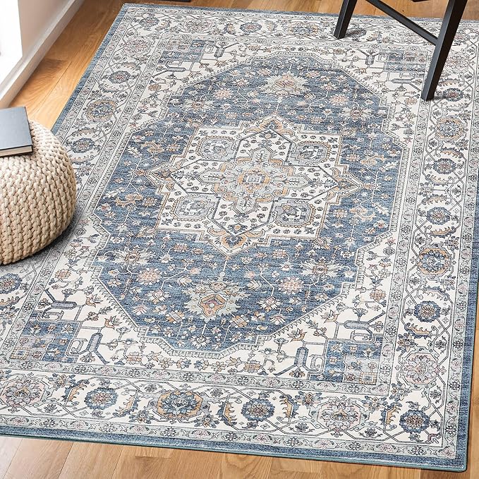 Vintage Area Rug, 3x5 Washable Rugs for Living Room Bedroom Entryway Indoor Door mat, Distressed Boho Country Accent Rugs, Thin Low-Pile Floor Carpet for Kids Pet (Navy/Grey)