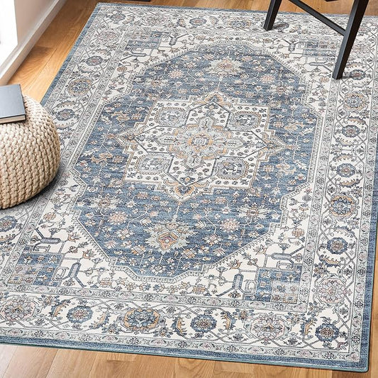 Vintage Area Rug, 3x5 Washable Rugs for Living Room Bedroom Entryway Indoor Door mat, Distressed Boho Country Accent Rugs, Thin Low-Pile Floor Carpet for Kids Pet (Navy/Grey)