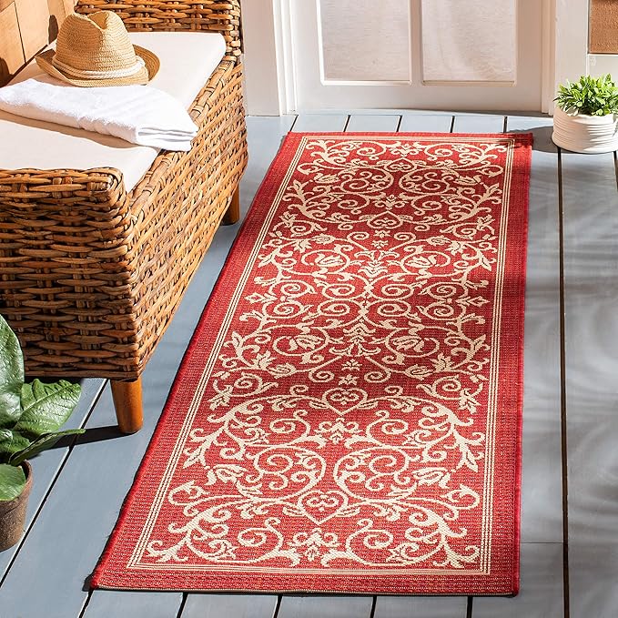SAFAVIEH Courtyard Collection 2'3" x 12' Red / Natural CY2098 Scroll Indoor/ Outdoor Waterproof Easy Cleaning Patio Backyard Mudroom Runner Rug