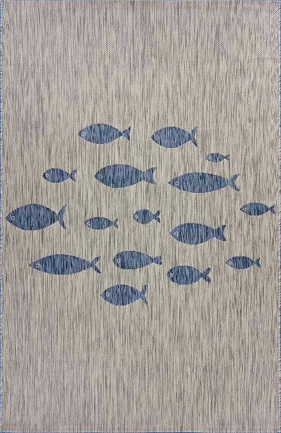 LR Home 8 x 10 Indoor / Outdoor Area Rug for Home Decor | Coastal School of Fish large size carpet for living room, bedroom, playroom, patio, garden | Modern farmhouse rug | Gray / Navy