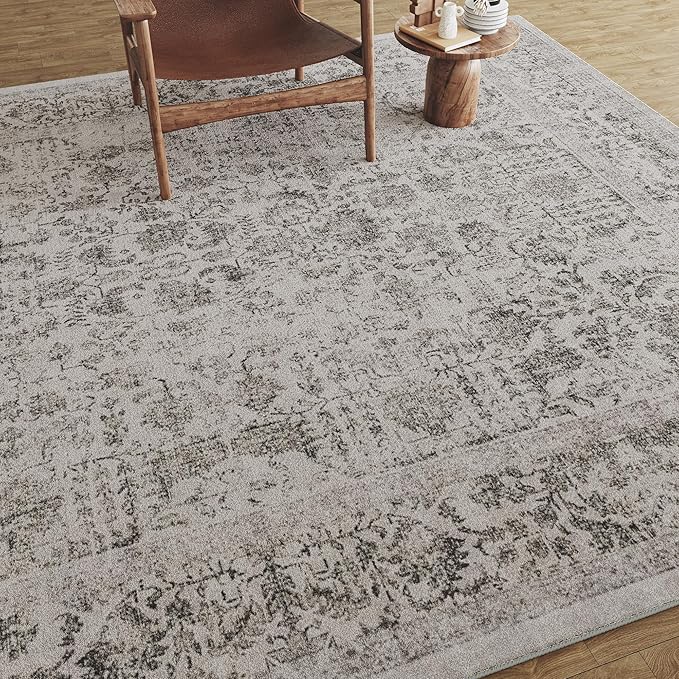 Black Area Rug 10x14 Machine Washable Large Vintage Living Room Distressed Non Slip Carpet Traditional Indoor Bedroom Grey Retro Floral Accent Throw Rug for Office Kitchen Dining Room