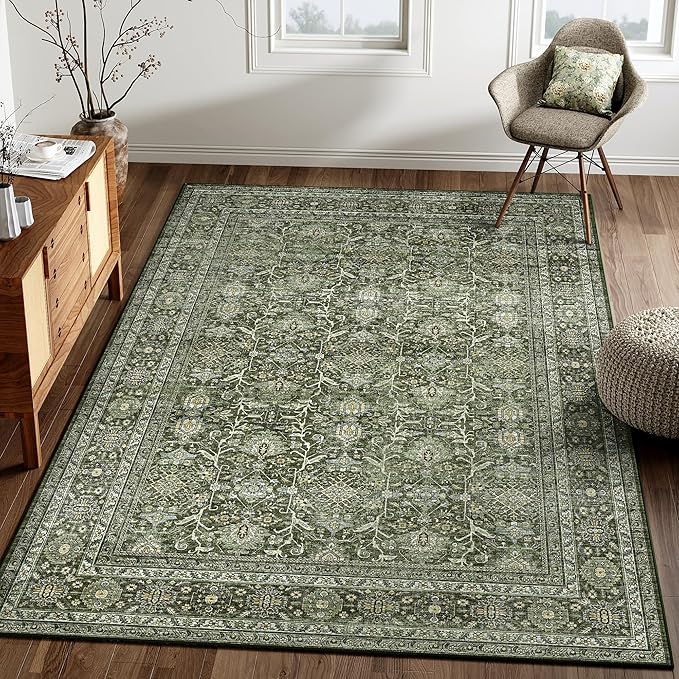 Vintage Area Rug 4x6 Green Entryway Office Washable Carpet Non Slip Bedroom Indoor Living Room Door Mat Low Pile Traditional Distressed Retro Accent Rug for Dining Room Bathroom Kitchen