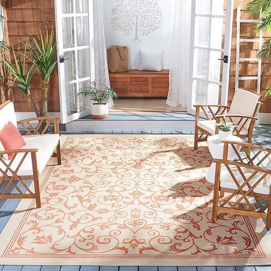SAFAVIEH Courtyard Collection 6'7" Square Natural / Terra CY2098 Scroll Indoor/ Outdoor Waterproof Easy-Cleaning Patio Backyard Mudroom Area-Rug