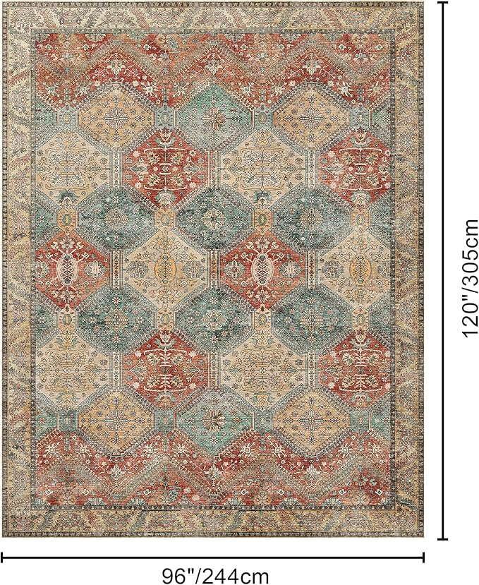 Bavni 8x10 Area Rugs for Living Room, Machine Washable Rug Non Slip, Vintage Chenille Distressed Print Carpet, Large Low Pile Ultra-Thin Lightweight Rugs for Bedroom, Dining Room, Office, Blue/Tan/Red