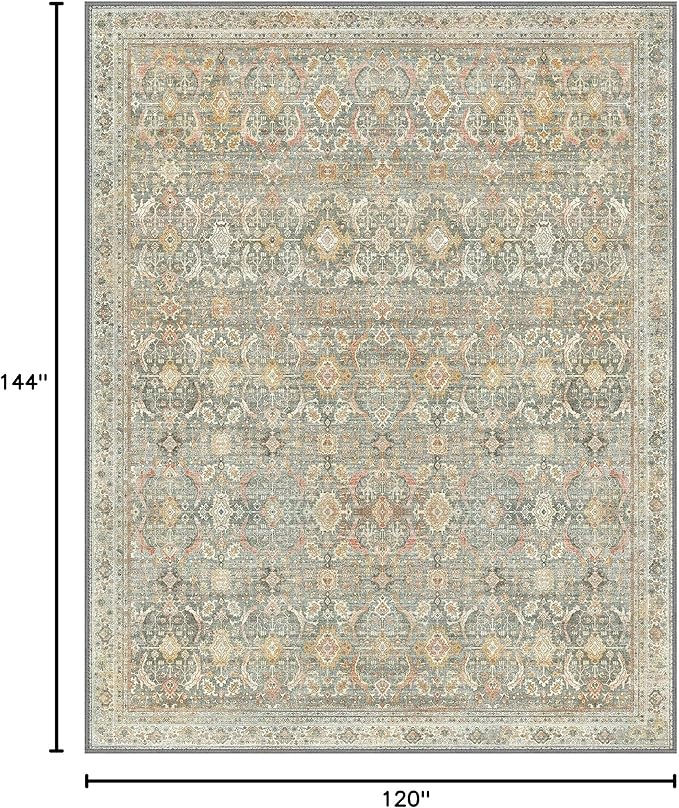 10X12 Area Rugs Machine Washable Rugs for Living Room, Vintage Boho Large Rugs for Bedroom Dining Room, Non Slip Indoor Soft Distressed Lightweight Thin Low Pile Carpet, Turmeric