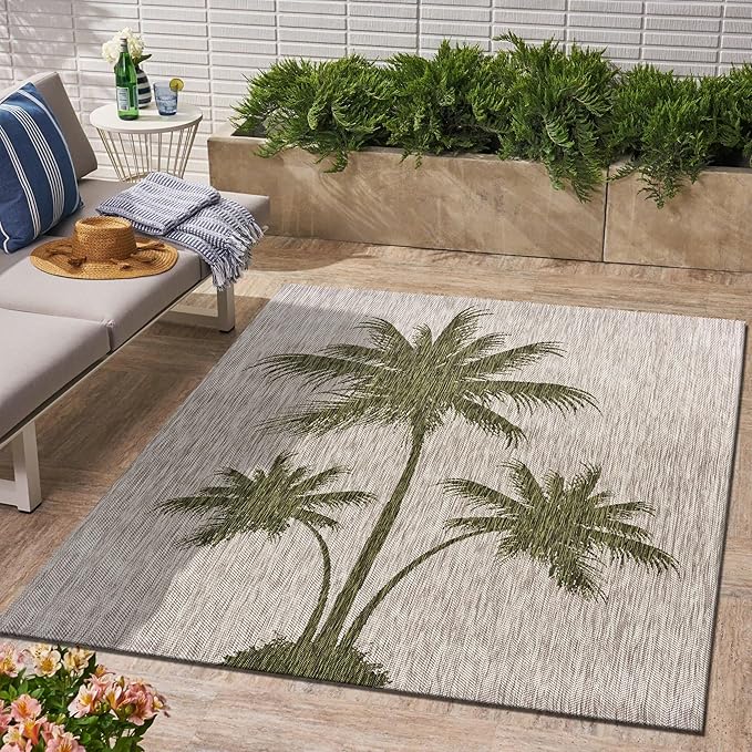 LR Home 8 x 10 Indoor / Outdoor Area Rug for Home Decor | Coastal Palm Tree large size carpet for living room, bedroom, playroom, patio, garden | Modern farmhouse rug | Beige / Dark Green