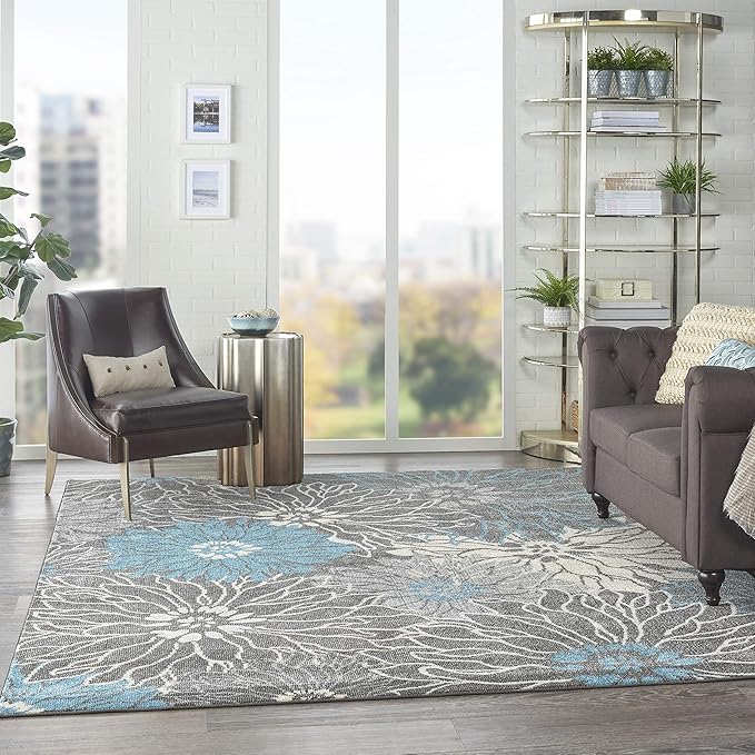 Nourison Passion Charcoal/Blue 6'7" x 9'6" Area Rug, Floral, Farmhouse, Easy Cleaning, Non Shedding, Bed Room, Living Room, Dining Room, Kitchen, (7' x 10')