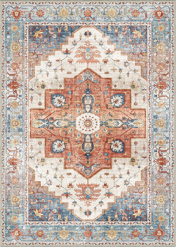 8X10 Area Rugs Machine Washable Rugs for Living Room, Vintage Boho Large Rugs for Bedroom Dining Room, Non Slip Indoor Soft Distressed Lightweight Thin Low Pile Carpet, Blue Beige Orange
