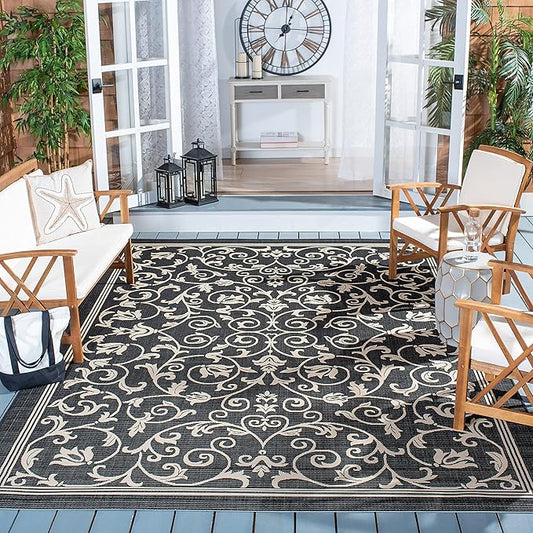 SAFAVIEH Courtyard Collection 6'7" Square Black / Sand CY2098 Scroll Indoor/ Outdoor Splashproof Easy Scrubbing Patio Backyard Mudroom Area Rug