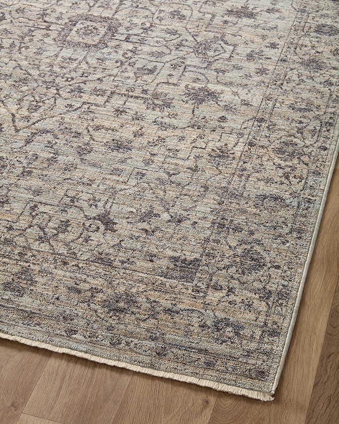Loloi Sorrento Collection 7'-10" x 7'-10" Round Accent Rug in Mist/Charcoal - Vintage Inspired Patterned Area Rug, Unique Area Rug for Living Room, Bedroom, Dining Area