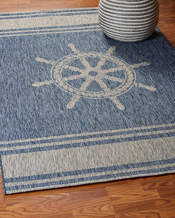 LR Home 5 x 7 Indoor/Outdoor Area Rug for Home Decor | Nautical Anchor carpet for living room, bedroom, playroom, patio, garden | Modern farmhouse rug | Denim Blue/Gray