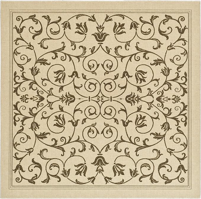 SAFAVIEH Courtyard Collection Area Rug - 7'1 Square, Natural & Brown, Scroll Design, Non-Shedding & Easy Care, Indoor/Outdoor & Washable-Ideal for Patio, Backyard, Mudroom (CY2098-3001)