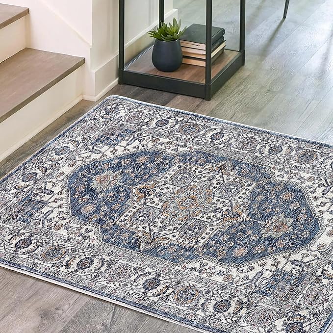 Vintage Area Rug, 2x3 Washable Rugs for Living Room Bedroom Entryway Indoor Door mat, Distressed Boho Country Accent Rugs, Thin Low-Pile Floor Carpet for Kids Pet (Navy/Grey)