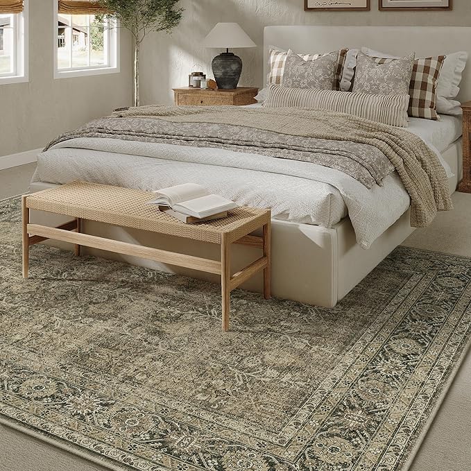 Vintage Area Rug 5x7 Light Brown Bedroom Indoor Kitchen Washable Living Room Carpet Tribal Distressed Retro Accent Throw Rug for Office Dining Room Bathroom Faux Wool