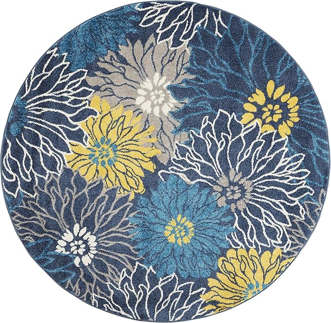 Nourison Passion Blue 5'3" x Round Area Rug, Floral, Farmhouse, Easy Cleaning, Non Shedding, Bed Room, Living Room, Dining Room, Kitchen, (5' Round)