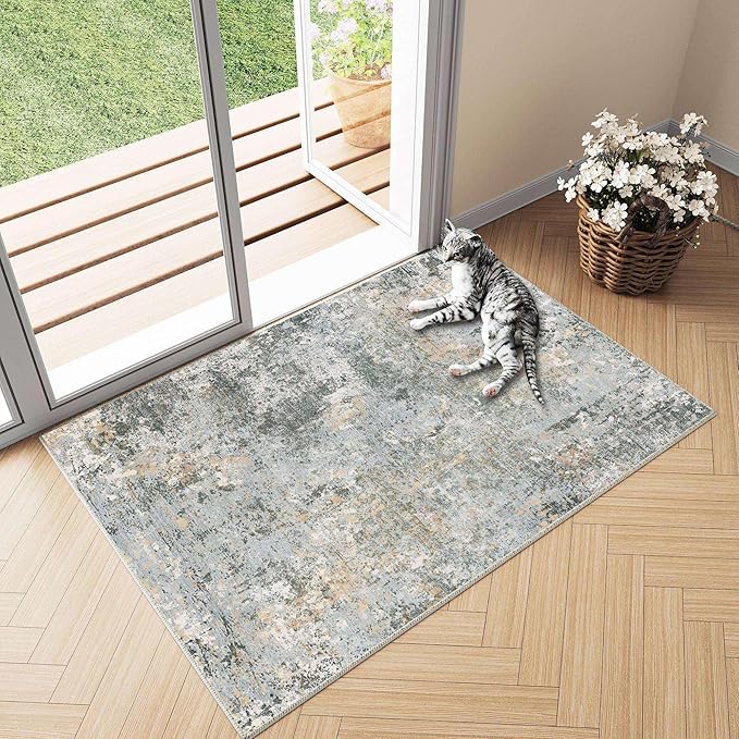 2x3 Door Mat Small Rug Machine Washable Area Rug Green Entryway Rugs Entrance Abstract Low Pile Carpet Kitchen Bedroom Office Non Slip