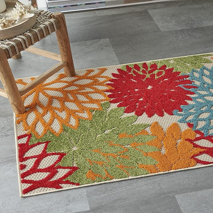 Nourison Aloha Indoor/Outdoor Green 3' x 5' Area Rug, Tropical, Botanical, Easy Cleaning, Non Shedding, Bed Room, Living Room, Dining Room, Deck, Backyard, Patio (3x5)