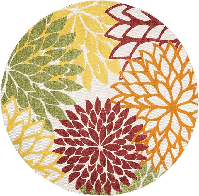 Nourison Aloha 94" Round Fabric Indoor/Outdoor Rug in Red Multi-Color
