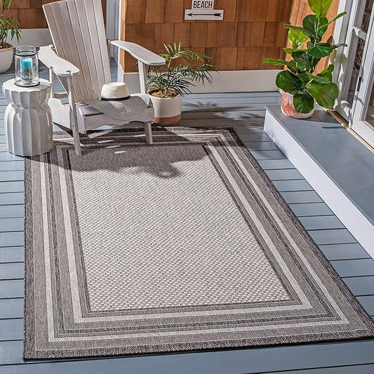 SAFAVIEH Courtyard Collection 6'7'' Square Light Grey/Black CY8475 Indoor/ Outdoor Patio Backyard Mudroom Area Rug