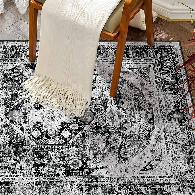 MUJOO Black Rug Washable Runner Rug for Kitchen Bathroom Entryway Non Slip Carpet Throw Rugs for Hallway Bedside Laundry Room Long Boho Area Rug Soft Floral Home Decor 2'x6'