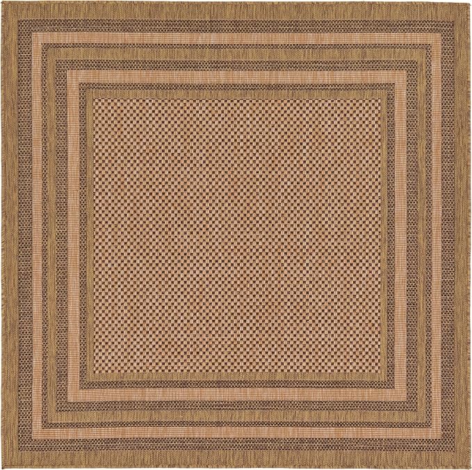 Unique Loom Outdoor Border Collection Area Rug - Multi Border (6' Square, Light Brown/ Brown)