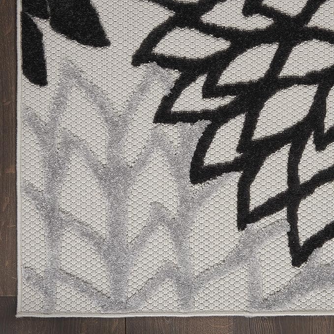 Nourison Aloha Indoor/Outdoor Black White 2'3" x 12' Area Rug, Tropical, Botanical, Easy Cleaning, Non Shedding, Bed Room, Living Room, Dining Room, Deck, Backyard, Patio (2x12)
