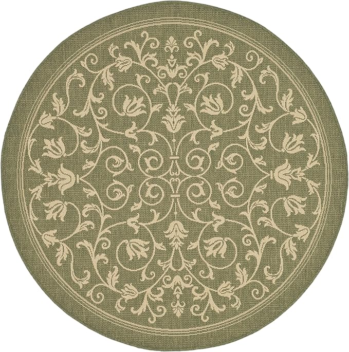 SAFAVIEH Courtyard Collection 4' Round Olive / Natural CY2098 Scroll Indoor/ Outdoor Waterproof Easy Cleaning Patio Backyard Mudroom Area Rug