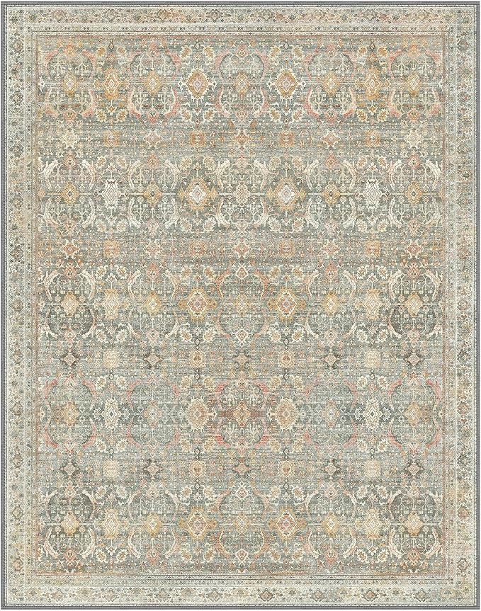 10X12 Area Rugs Machine Washable Rugs for Living Room, Vintage Boho Large Rugs for Bedroom Dining Room, Non Slip Indoor Soft Distressed Lightweight Thin Low Pile Carpet, Turmeric