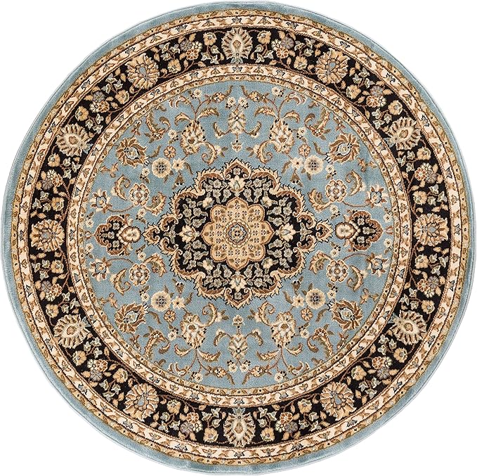 Well Woven Barclay Collection Medallion Kashan Light Blue 4 ft Round Rug - for Entryways, Small Bedrooms, Living Rooms