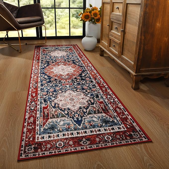 YJ.GWL Area Rug 2x7, Machine Washable Hallway Runner Rug, Boho Floral Vintage Distress Print Pattern Carpet, Low Pile Lightweight Thin Rugs for Entryway, Kitchen and Corridor, Red