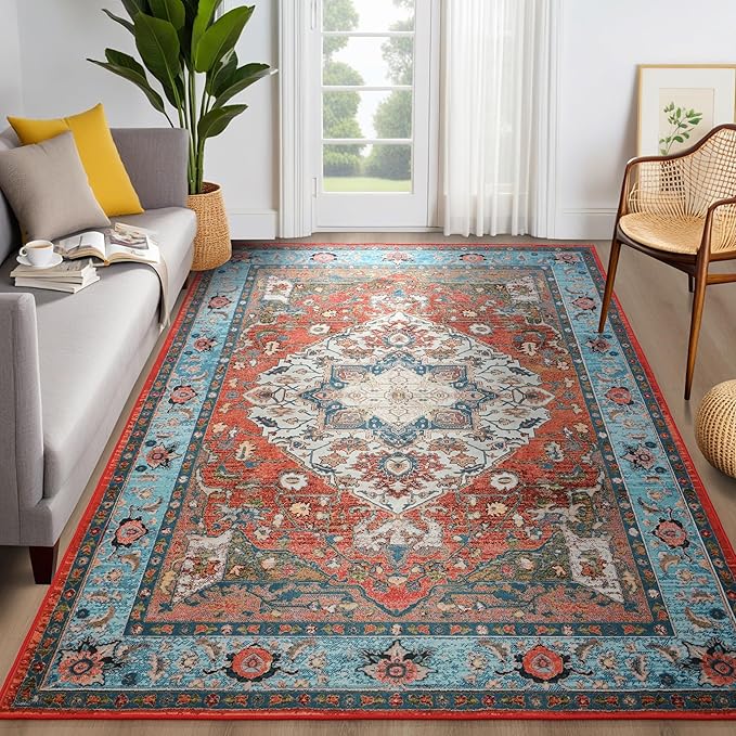 YJ.GWL Area Rug for Living Room, 4x6 Machine Washable Boho Rug for Bedroom, Low Pile Lightweight Thin Rugs Floral Vintage Distress Print Pattern Carpet for Dining Room, Red/Blue