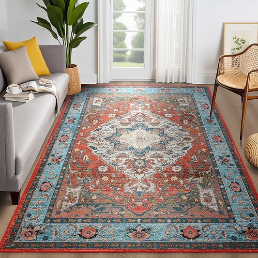 YJ.GWL Area Rug for Living Room, 4x6 Machine Washable Boho Rug for Bedroom, Low Pile Lightweight Thin Rugs Floral Vintage Distress Print Pattern Carpet for Dining Room, Red/Blue