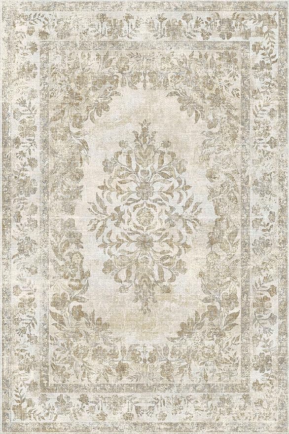 4x6 Area Rug Beige Washable Office Vintage Distressed Carpet Bedroom Indoor Medallion Floral Living Room Non Slip Retro Throw Floor Mat for Dining Room Kitchen Bathroom
