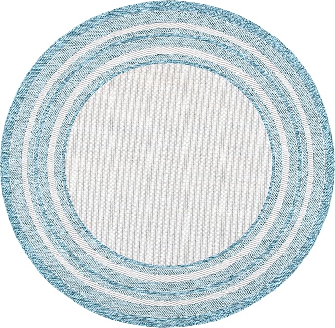 SAFAVIEH Courtyard Collection Area Rug - 9' Round, Ivory & Aqua, Indoor/Outdoor, Weather Resistant & Washable, Ideal for Patio, Backyard, Mudroom, Deck (CY8475)
