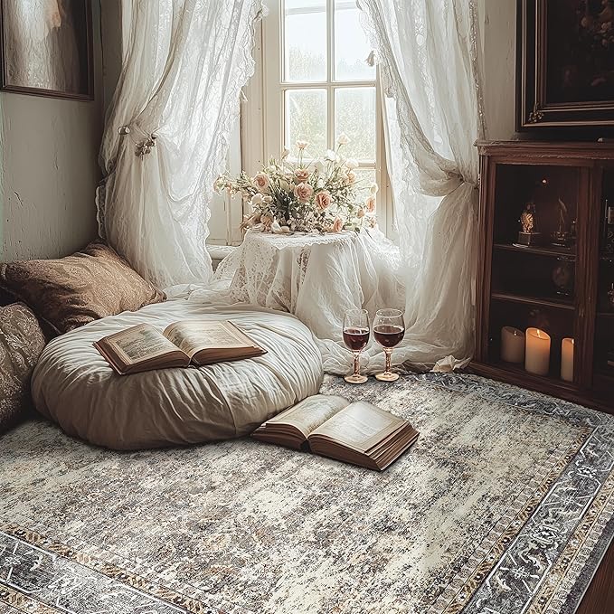 8x10 ft Area Rug – Washable, Non-Slip Soft Rugs for Indoor & Outdoor Use, Perfect for Living Room, Bedroom, Patio, Dining Room, Kids, Farmhouse & Boho Style – Brown