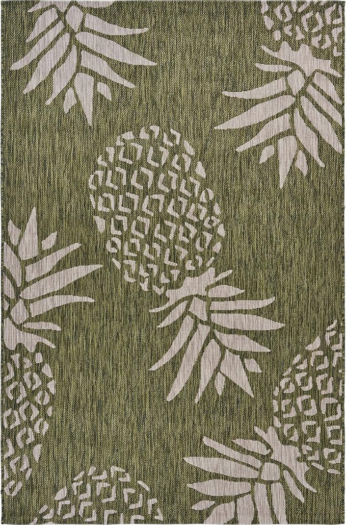 LR Home 2 x 3 Indoor/Outdoor Area Rug for Home Decor | Coastal Pineapples Carpet for Living Room, Bedroom, playroom, Patio, Garden | Modern Farmhouse Rug | Dark Green/Beige