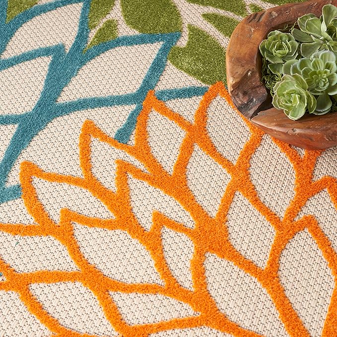 Nourison Aloha Indoor/Outdoor Multicolor 5'3" x 5'3"Square Area Rug, Tropical, Botanical, Easy Cleaning, Non Shedding, Bed Room, Living Room, Dining Room, Deck, Backyard, Patio (5 Square)