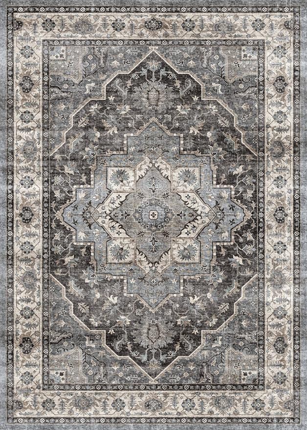 Dripex 5x7 Area Rugs, Machine Washable Non Slip Distressed Boho Rugs, No Pile Lightweight Vintage Rug, Floor Carpet for Living Room,Dining Room,Bedroom and Office,Dark Blue and Green