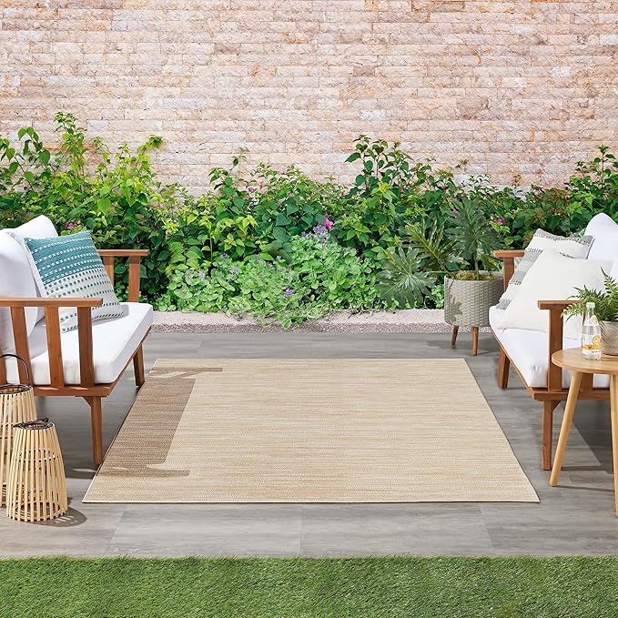 Nourison Essentials Indoor/Outdoor Ivory Gold 5' x 7' Area Rug, Easy Cleaning, Non Shedding, Bed Room, Living Room, Dining Room, Backyard, Deck, Patio (5x7)