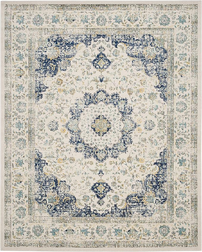 SAFAVIEH Evoke Collection Area Rug - 9' x 12', Ivory & Blue, Shabby Chic Oriental Medallion Design, Non-Shedding & Easy Care, Ideal for High Traffic Areas in Living Room, Bedroom (EVK220C)