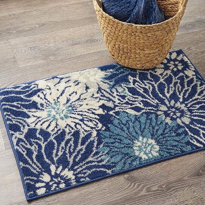 Nourison Passion Navy/Ivory 1'10" x 2'10" Area Rug, Floral, Farmhouse, Easy Cleaning, Non Shedding, Bed Room, Living Room, Dining Room, Kitchen, (2' x 3')