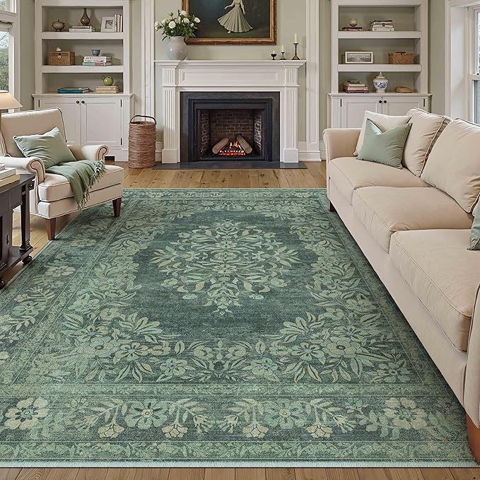 6x9 Area Rug Green Washable Vintage Distressed Living Room Carpet Large Bedroom Indoor Medallion Floral Non Slip Retro Throw Floor Mat for Office Dining Room Kitchen Bathroom