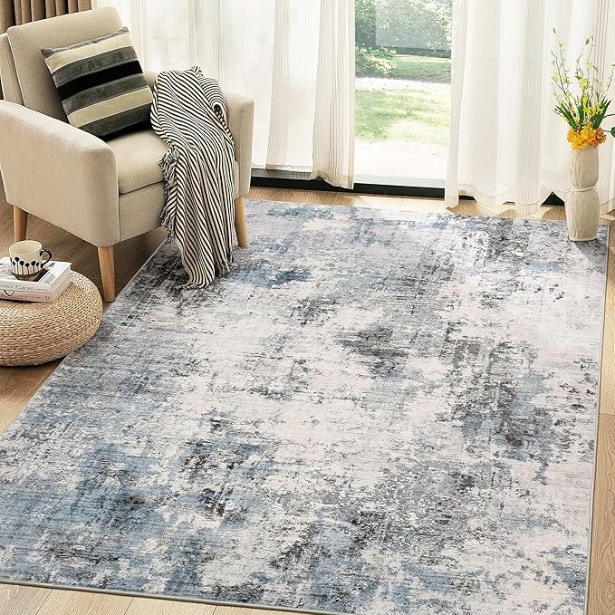 Washable Rug 5x7 Area Rugs for Living Room: Modern Abstract Neutral Soft Rug for Bedroom Dining Room Under Kitchen Table Home Office Decor - Grey Blue