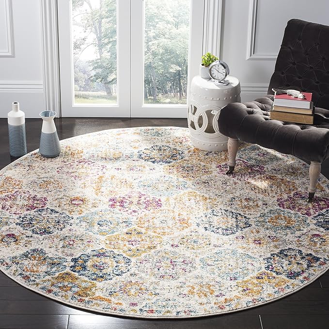 SAFAVIEH Madison Collection 11' Round Cream / Multi MAD611B Boho Chic Floral Medallion Trellis Distressed Non-Shedding Dining Room Entryway Foyer Living Room Bedroom Area Rug