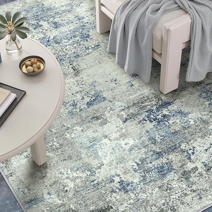 3x5 Area Rugs for Living Room Blue Grey Non Slip Washable Neutral Modern Abstract Indoor Rug Thin Soft Throw Low Pile Kitchen Carpet for Bedroom Dining Room Farmhouse Home Office Decor