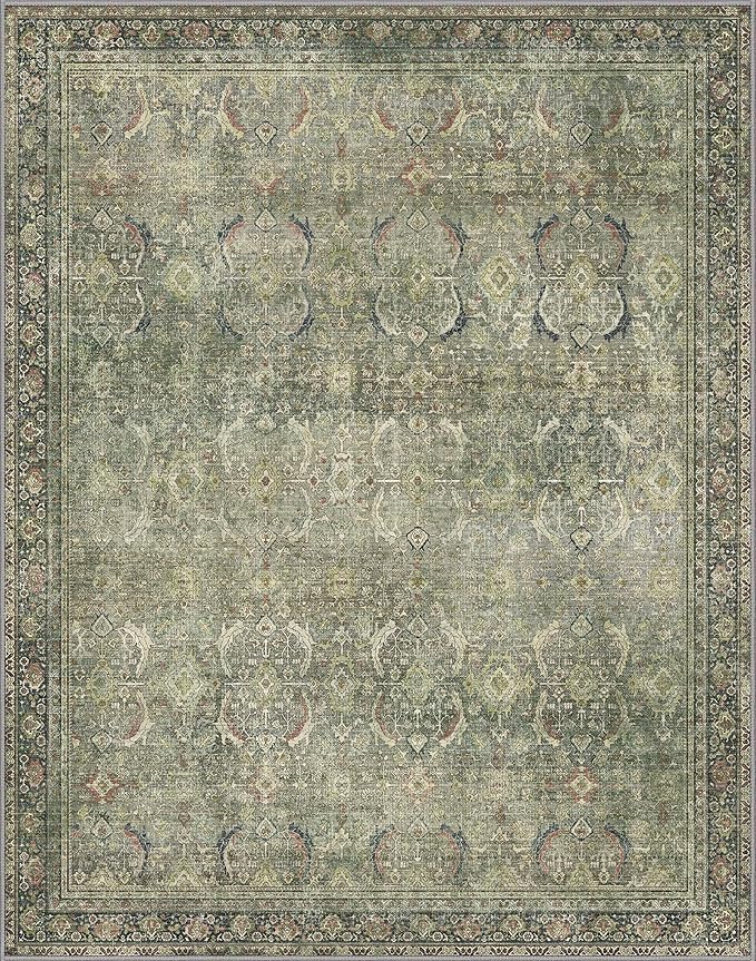 8X10 Area Rugs Machine Washable Rugs for Living Room, Vintage Boho Large Rugs for Bedroom Dining Room, Non Slip Indoor Soft Distressed Lightweight Thin Low Pile Carpet, Green